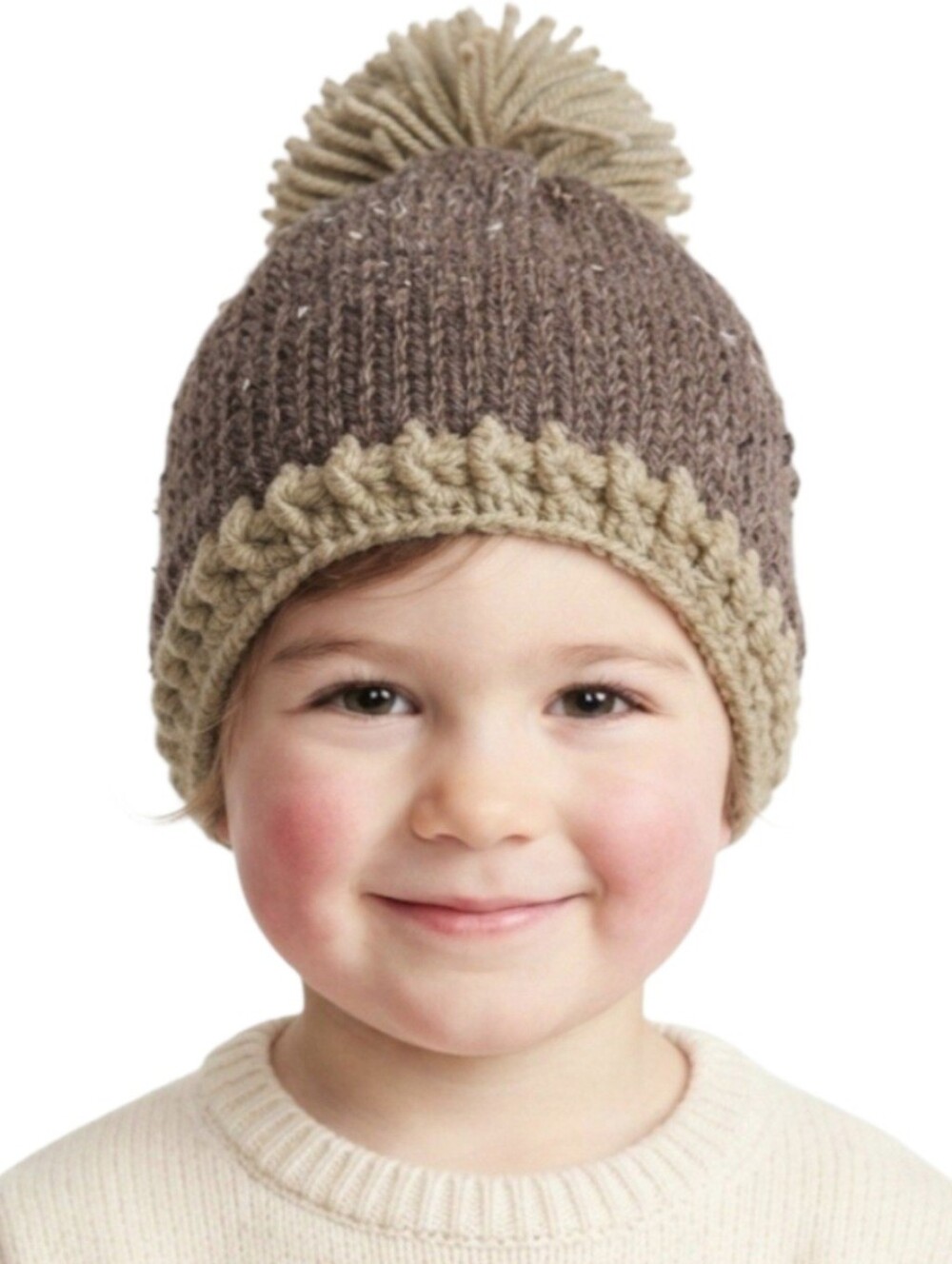 Handmade Small Child Knit Hat Taupe Tweed Acrylic Winter Beanie Pompom Fall GIFT